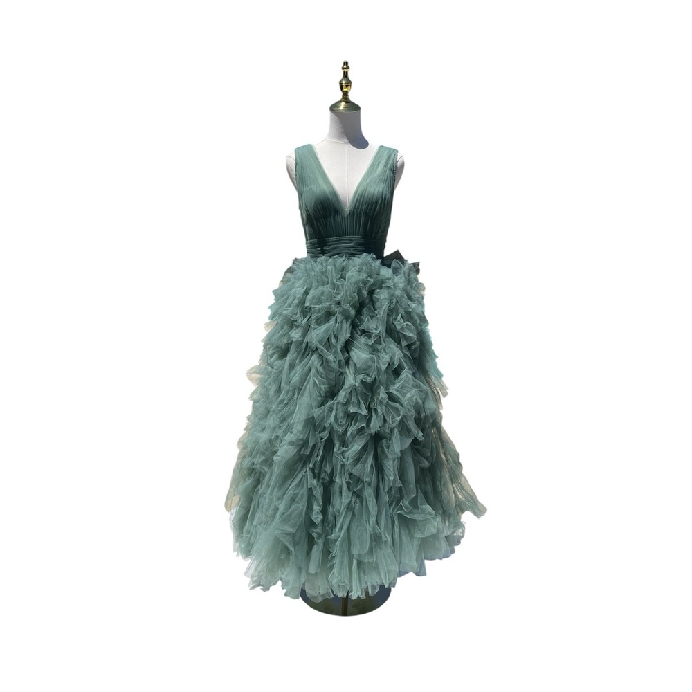 Mac Duggal 20411 Jade Green Tiered Ruffle Tulle Midi Dress Size 4 $598 - Picture 6 of 10